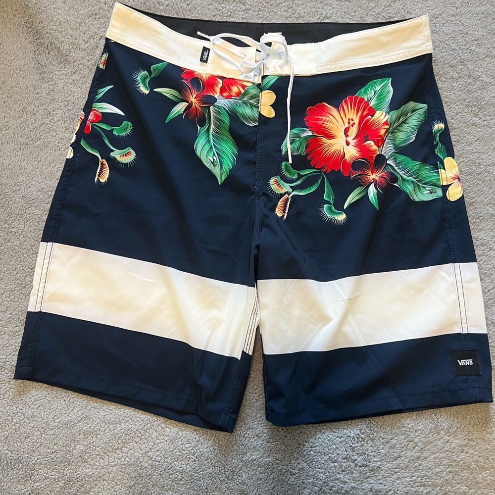 Vans Navy Floral Board Shorts with White Stripes